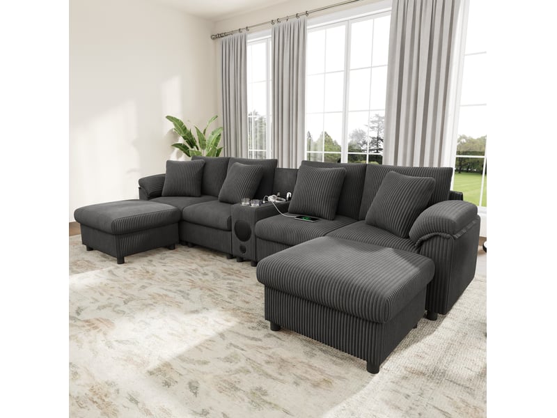  Canapé modulable tcqpz en u et en l 6 places gris en velours côtelé bluetooth console rangement charge sans fil usb  - Conforama E