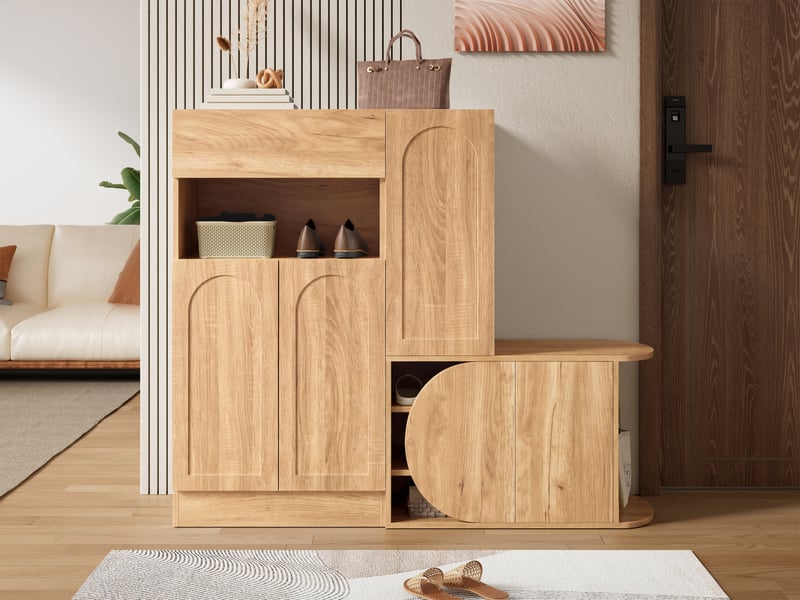  Meuble à chaussures avec banc assis, 5 portes et 1 tiroir, design arc moderne, mdf couleur nature, 130x35x110.5 cm  - Conforama R
