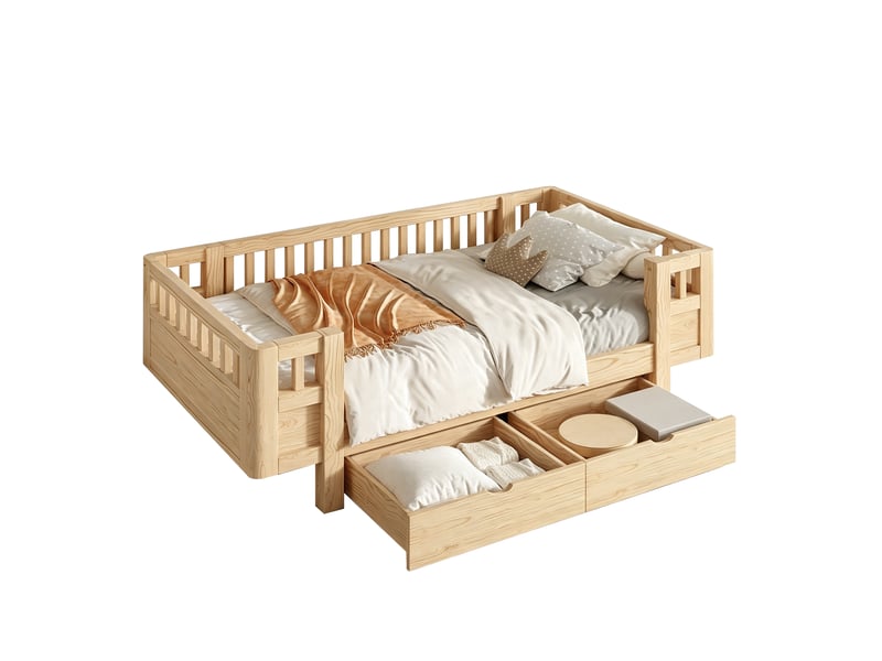  Lit plateforme 90x200 cm en bois massif naturel avec haut garde-corps et deux grands tiroirs intégrés  - Conforama A