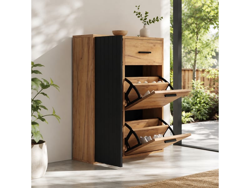  Meuble à chaussures 80x24x95,5 cm noir et naturel avec 2 abattants  - Conforama E