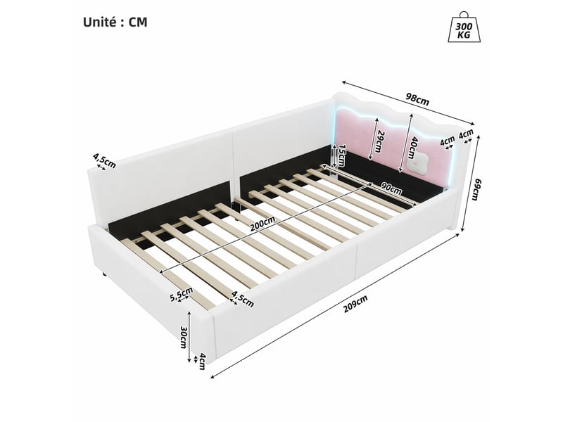  Méridienne lit de jour 90 x 200 cm avec éclairage à couleurs réglables et commande par application en velours blanc  - Conforama D