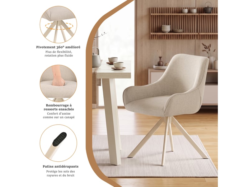 Ensemble table et 6 chaises - table rectangulaire 160x80 cm monobloc en travertin et pieds métal, 6 chaises en tissu beige et pieds en métal blanc - Conforama R