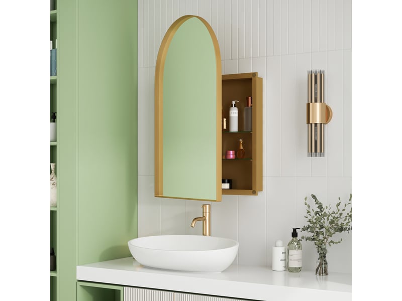 Armoire miroir murale arquée dorée, cadre métal, étagères réglables, encastrable - Conforama B
