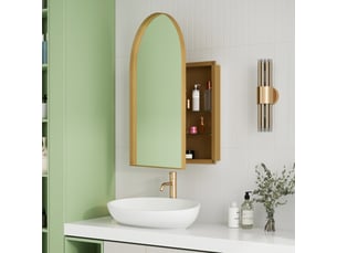 Armoire miroir murale arquée dorée, cadre métal, étagères réglables, encastrable