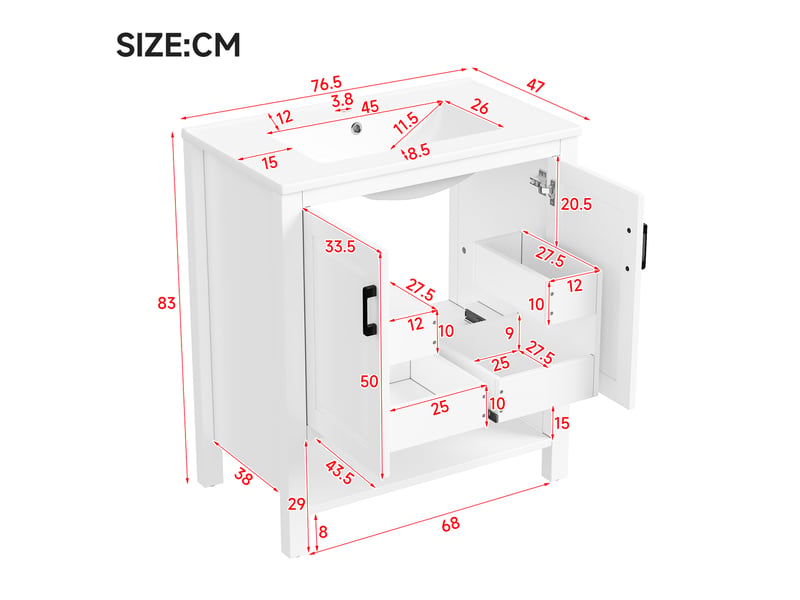 Meuble vasque salle de bain blanc 76,5 cm avec lavabo céramique intégré, portes et étagères ouvertes - Conforama C