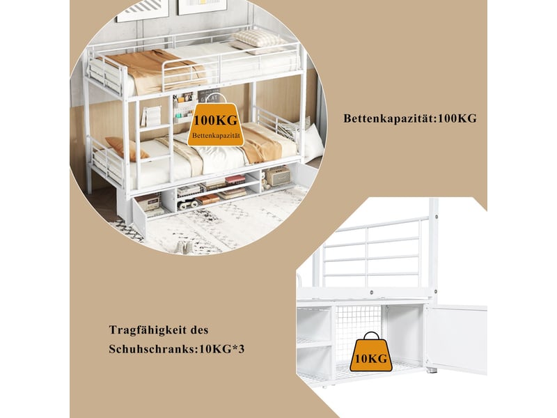  Lit superposé90x200cm - avec meuble à chaussures - lit superposé enfant -avec fonction rangement - avec échelle -garde-corps -blanc  - Conforama D