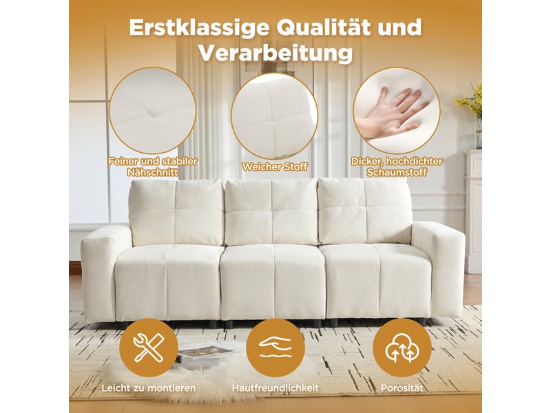 Canapé convertible 3 places droit chenille beige blanc, profondeur réglable jusqu'à 68 cm, structure bois massif, confort ergonomique salon moderne - Conforama D