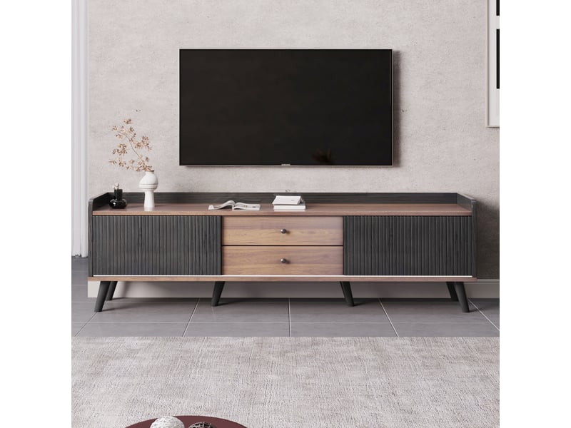  Meuble tv design 160 cm bois naturelnoir tiroirs portes coulissantes  - Conforama B