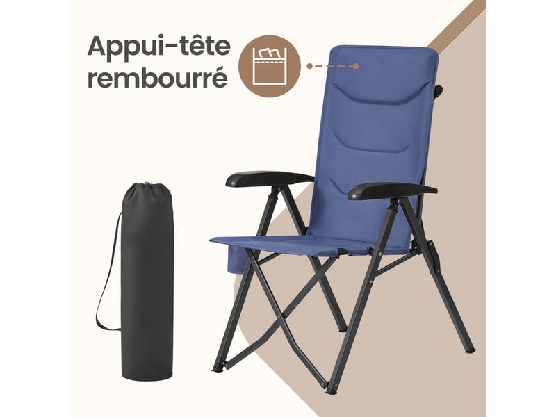  Chaise de camping, dossier réglable 95°-150°, porte-gobelet, sac de transport, pêche, jardin, bleu  - Conforama E