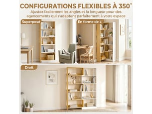 Bibliothèque d'angle rotative 350° à 5 niveaux, étagère de rangement extensible en forme l, chêne, 60-111x24x164cm