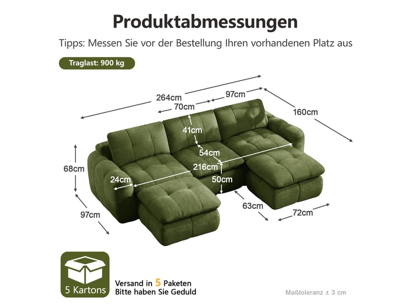  Canapé 3 places - 264 x 160 x 68 cm - canapé modulable en u en chenille avec 2 poufs amovibles et coussins - vert  - Conforama E
