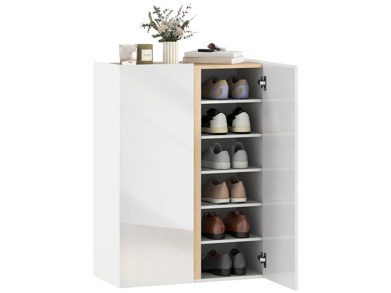 Meuble à chaussures à fermeture amortie avec design à 6 niveaux sans poignées pouvant contenir jusqu'à 18 paires pour entrée en bois blanc  - Conforama A