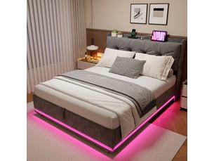Lit coffre 140x200 cm gris en velours, lit double avec rangement hydraulique, ports USB et Type-C, éclairage LED RGB avec télécommande, sommier à lattes