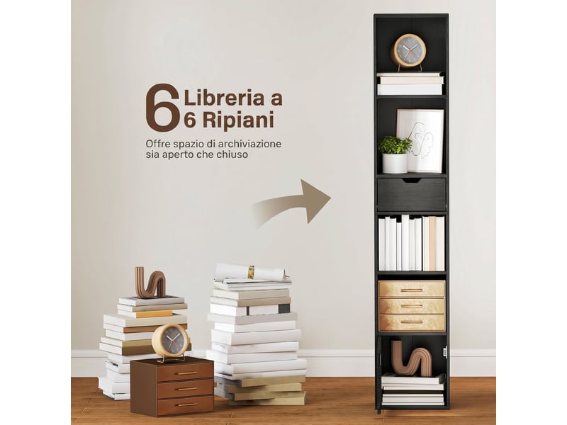  Bibliothèque ouverte à 4 niveaux avec placard et tiroir, 30 x 24 x 158 cm, noire  - Conforama D
