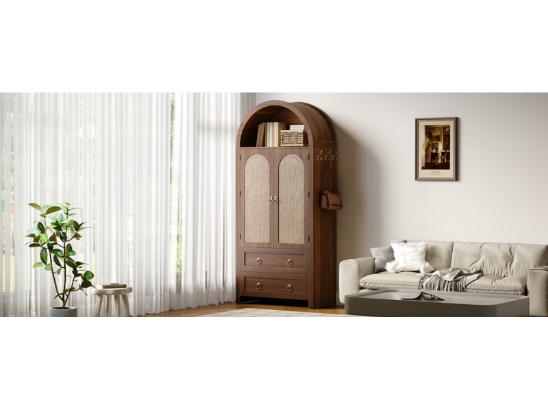  Buffet en rotin style arche 80 x 40 x 180 cm noyer mdf avec deux tiroirs rangement et crochets latéraux Sol Morn - Conforama E