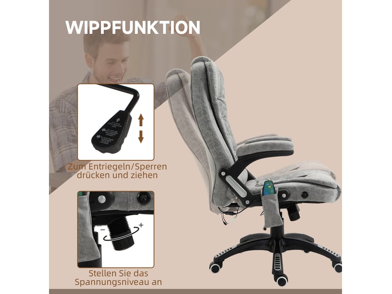 Fauteuil de bureau gris avec massage chauffant, inclinable et réglable en hauteur  - Conforama D