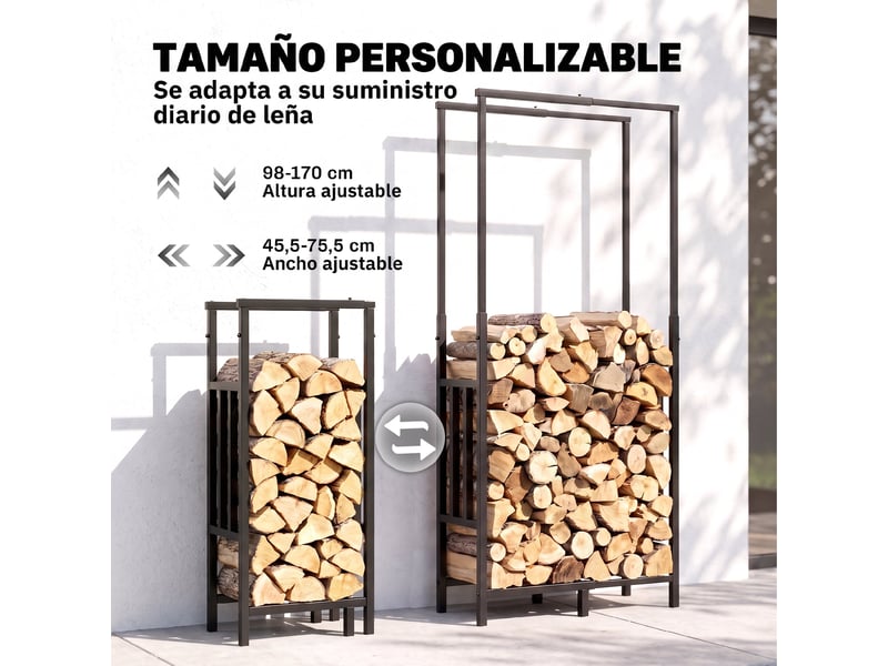  Porte-bûches extérieur réglable en acier noir, 45,5-75,5 x 25 x 98-170 cm, charge 100 kg  - Conforama R