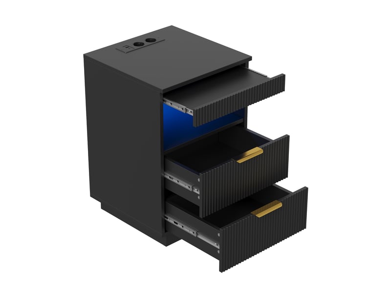  Table de chevet style luxe noir à texture cannelée 60×40×40 cm, 2 tiroirs avec tiroir caché, éclairage led rgb, station de charge prises secteur, usb‑a et usb‑c, compartiment de rangement ouvert  - Conforama A