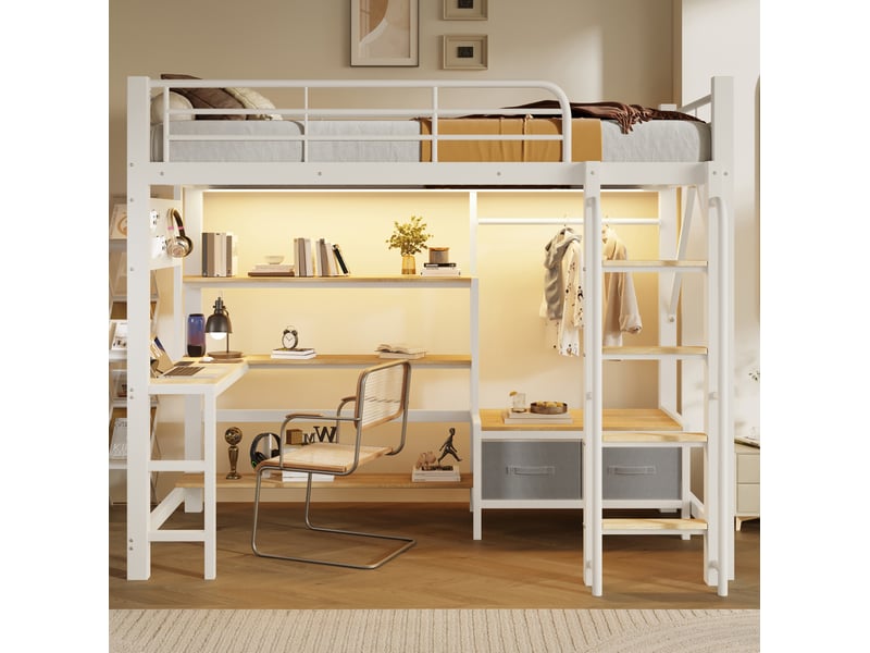 Lit mezzanine 90x200 cm, bureau intégré, panneau perforé, avec éclairage led usb, espaces de rangement multiples, métal et mdf blanc sans matelas - Conforama D