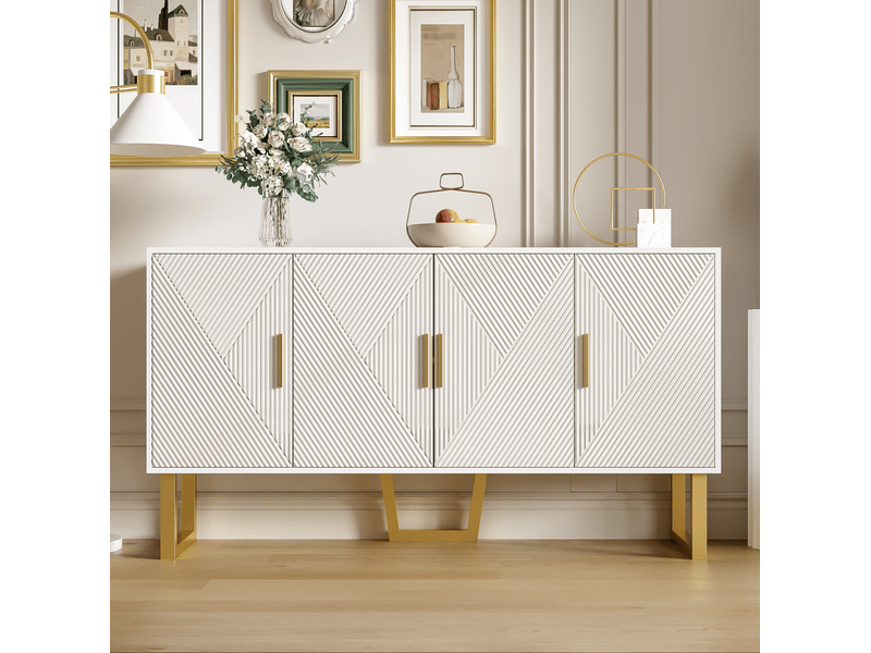  Buffet bas 4 portes blanc haute brillance, portes texturées, poignées dorées, étagères réglables, 150 x 40 x 82 cm  - Conforama C