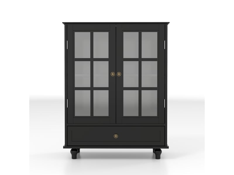  Buffet noir minimaliste avec doubles portes vitrées et tiroir, armoire de rangement en bois moderne pour salon, salle à manger, entrée et hall  - Conforama A