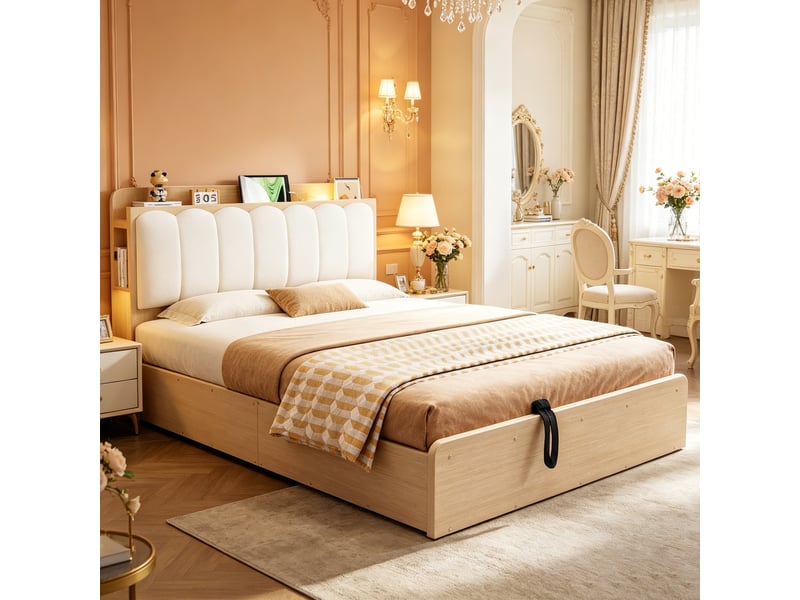  Lit coffre 140x200 cm, lit double, rangement hydraulique, étagères, port usb, tête de lit rembourrée, bois naturel, veilleuse  - Conforama R