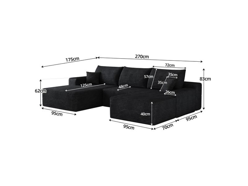  Canapé d'angle modulaire 270x175x83 cm, 4 places, chaise longue en l, assise profonde, tissu côtelé, noir  - Conforama E