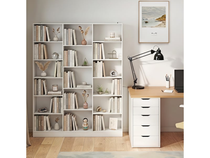  Bibliothèque gain de place à 17 compartiments, 149 x 23,6 x 188 cm, blanche  - Conforama D
