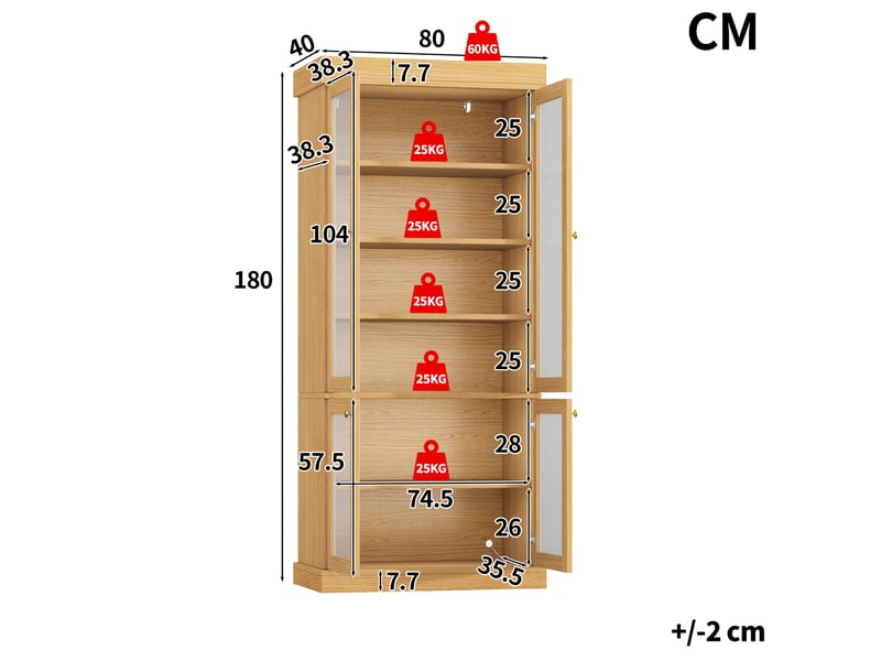 Vitrine avec 2 portes vitrées, étagères réglables et éclairage led pour salon en mdf bois naturel 80 × 40 × 180 cm  - Conforama C