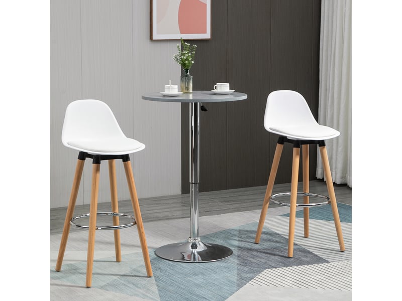  Ensemble de 2 tabourets de bar de style nordique avec dossier, coussin et repose-pieds, en bois et plastique, blancs  - Conforama C
