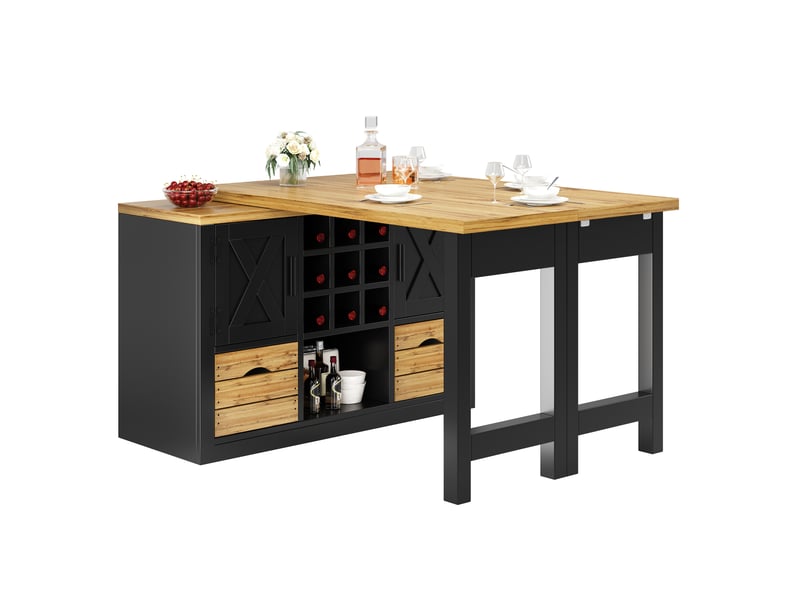  Table à manger extensible avec buffet 120-197x40x72 cm,plateau pivotant 360°,tiroir,porte-bouteilles amovible,gain de place,noir  - Conforama A