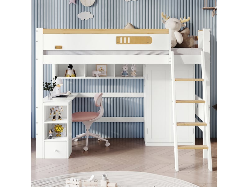  Modenvie lit mezzanine enfant 90x200 cm - avec bureau, armoire et rangements ouverts, sans matelas - blanc et naturel  - Conforama B