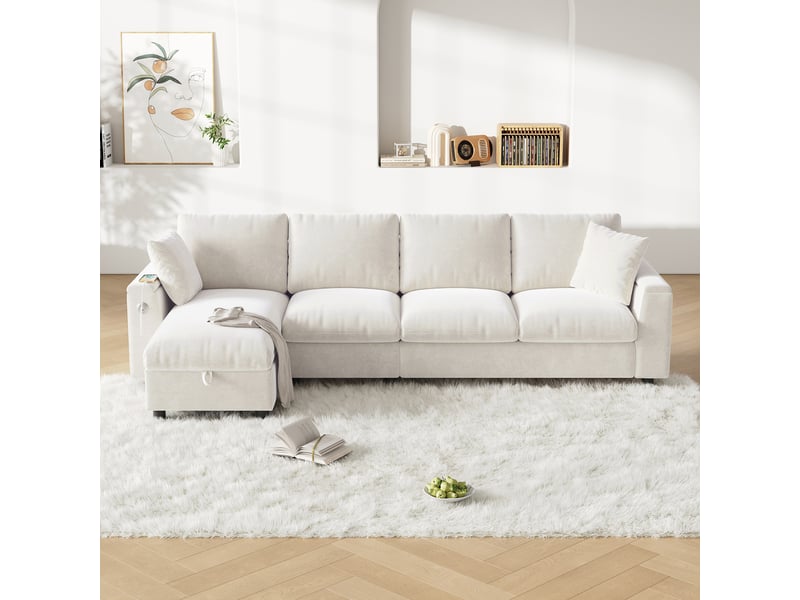 Canapé d'angle en chenille beige 4 places avec rangement - table basse rabattable et ports usbtype-c  - Conforama B