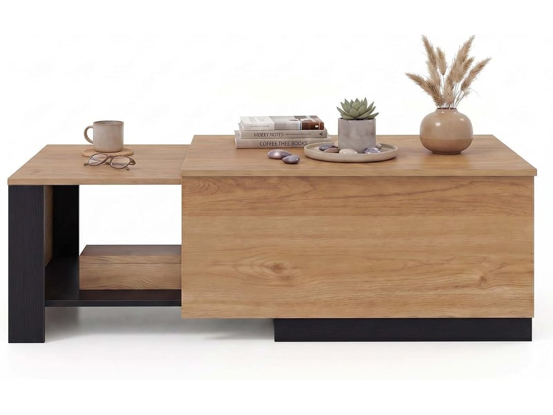  Table basse extensible, table d’appoint rectangulaire, avec compartiment coulissant, casier latéral, bureau coulissant, 80 x 60 x 37 cm  - Conforama A
