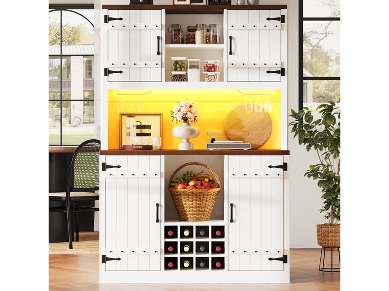 Buffet cuisine 4 portes, 120 x 40 x 180 cm, éclairage led, étagères réglables, espace de travail et range-bouteilles, mdf, blanc Morn Vibe - Conforama B