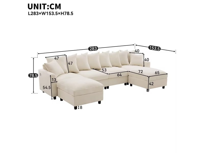 Canapé d’angle modulable modenvie 6 places en u ou l avec 2 poufs, ports usb et type-c, chenille beige - Conforama C