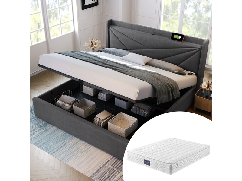 Lit coffre,160x200 cm,avec matelas, usb type-c et rangement,tissu,gris - Conforama B