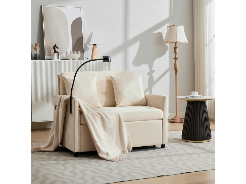  Fauteuil convertible 1 place avec port usb et support tablette  - structure métal bois, tissu effet lin beige  - Conforama B