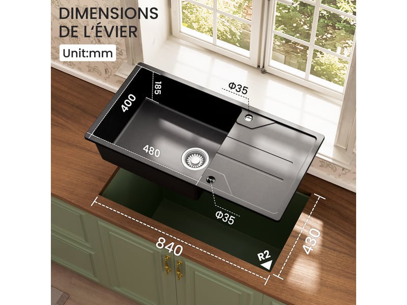 Cecipa max évier en granit 86x45cm - évier de cuisine noir - avec égouttoir et panier égouttoir - siphon et crépine inclus - Conforama B