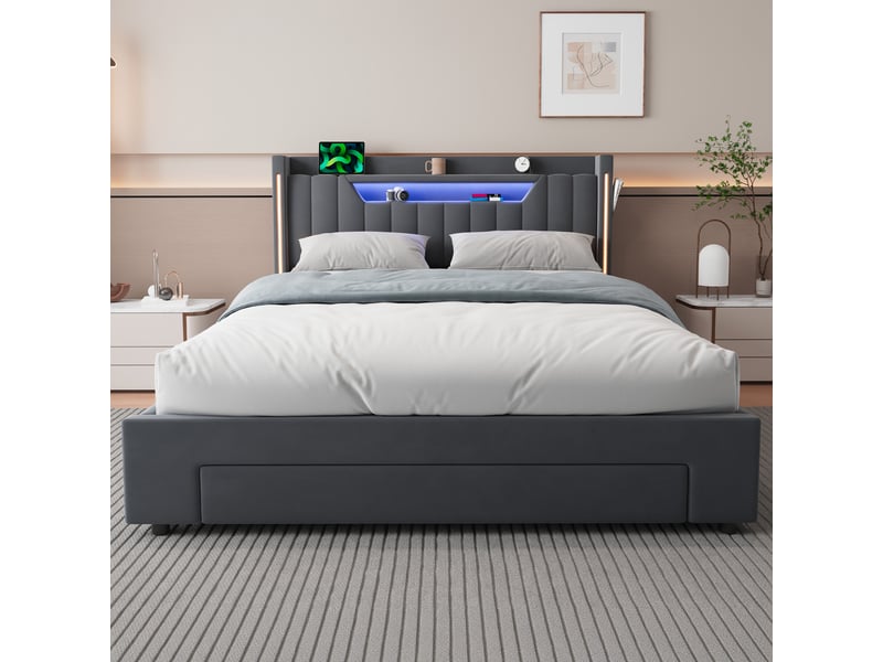  Lit coffre 140x200 cm led avec tiroirs, charge et rangement, velours gris (sans matelas)  - Conforama B