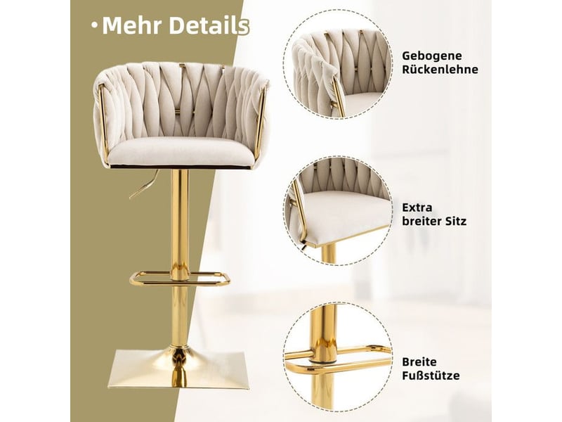 Tabouret de bar lot de 2 - vintage - dossier tissé - velours ivoire - pivotant 360° blanc - Conforama C