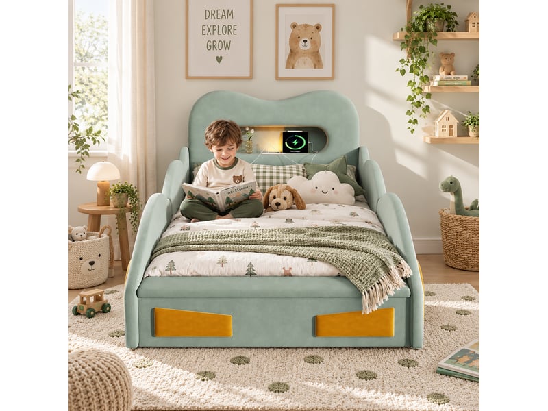  Lit voiture rembourré enfant 90 x 200 cm, liseuse, port de charge, coffre au pied du lit, design avec roues, velours, vert Bliss Lite - Conforama E