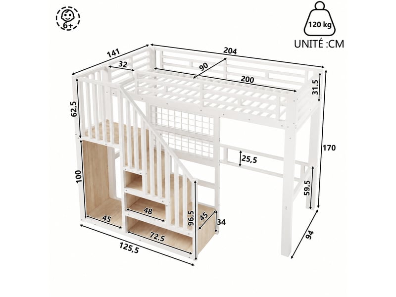  Lit mezzanine 90 x 200 cm avec escalier de rangement, structure en métal et mdf, blanc, led multicolore  - Conforama C