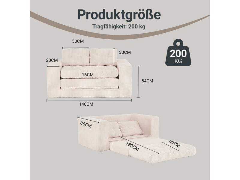 Canapé droit convertible 2 places en velours côtelé beige 140 cm, format compact pour petits espaces et invités - Conforama C