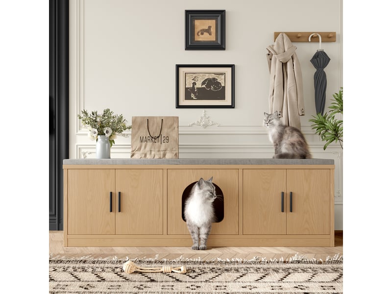  Meuble litière chat multifonction, banc d'entrée avec cache litière en chêne 140 cm, étagères réglables, aération et griffoir  - Conforama B