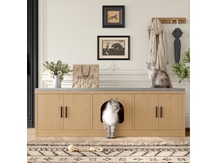Meuble litière chat multifonction, banc d'entrée avec cache litière en chêne 140 cm, étagères réglables, aération et griffoir