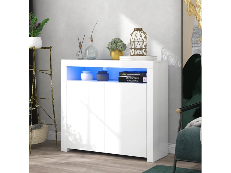  Buffet ulevr de rangement à 2 portes avec led et espace ouvert, 108 x 40 x 92 cm, blanc brillant, alimentation usb  - Conforama E