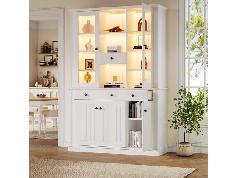  Vitrine 119,5x40x180 cm avec led, 4 tiroirs et 5 portes coloris blanc  - Conforama D