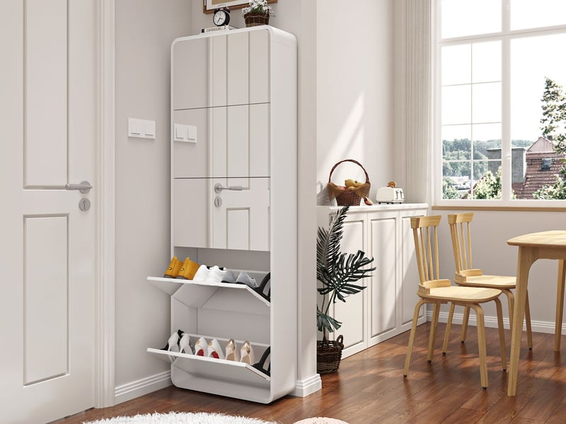  Meuble à chaussures 5 tiroirs rabattables façade miroir design cintré autoportant blanc  - Conforama B