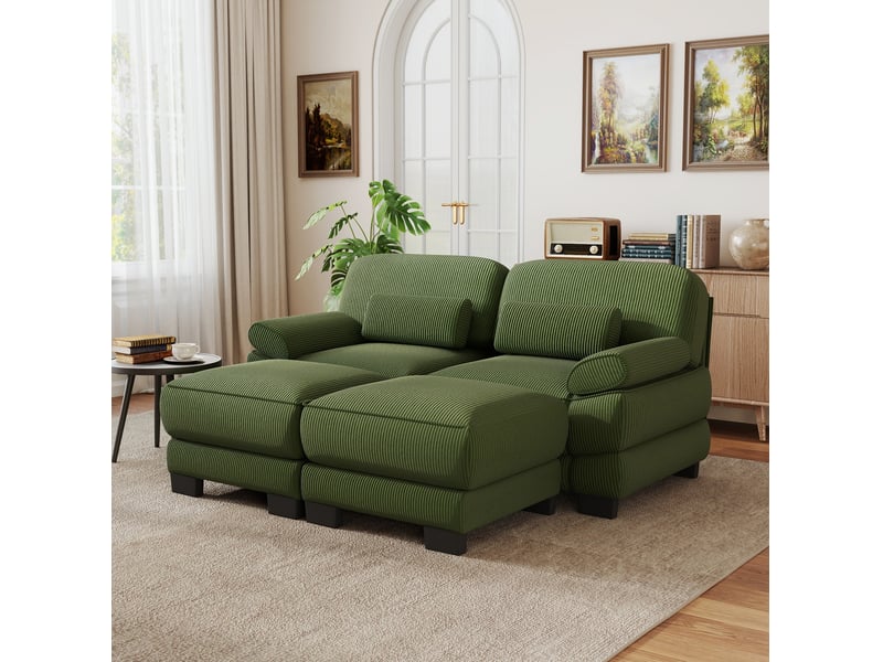  Canapé droit modulaire 2 places en velours côtelé vert avec 2 poufs  - Conforama B